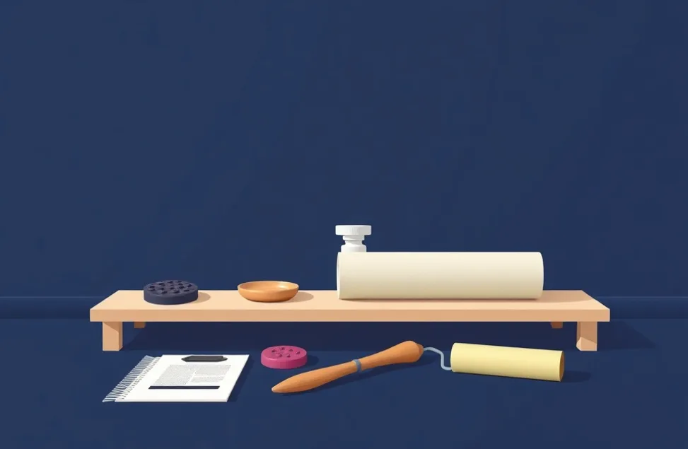 Outils de peinture disposés dans l'ordre des étapes du chantier