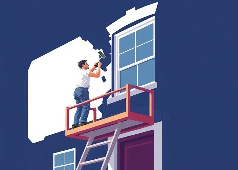 Peintre sur échafaudage traitant la façade d'une maison